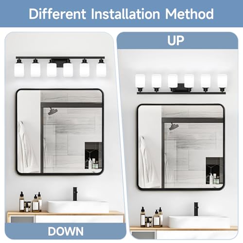 6 Light Bathroom Vanity Light, Modern Matte Black Bathroom Light Fixtures with Square Frosted Glass, Wall Sconces fixtures Over Mirror Restroom,Living Room Hallway E26 - color: Black, size: 6-Light