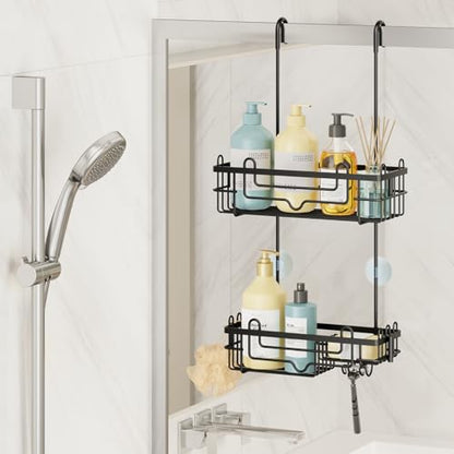 Consumest Over the Door Shower Caddy - 2-Tier Hanging Shower Organizer with Soap Holder, Rustproof Bathroom Storage and Organizer Rack for Shampoo, Towels, and Toiletries, Black
