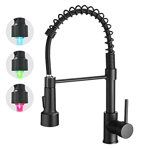 Kitchen Faucet with Pull Down LED Light Sprayer Black | Stainless Steel NSF Certified,1 Handle Faucet,Farmhouse Camper Laundry Utility Rv Wet Bar Sinks,Deck Plate 1,3 Hole - color: A - Black