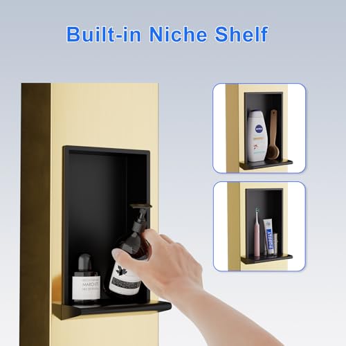 POPFLY Shower Panel Tower System with Shelf, Adjustable Shower Arm Height 8-inch Rainfall Head System, Stainless Steel Shower Panel, 6 Body Jets and 5-Setting Handheld Shower, Brushed Gold - color: 6 Jets with Shelf-Brushed Gold