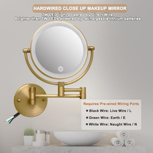 8" Lighted Make up Mirror Wall Mounted 10X Magnifying Hardwired | Double Side 3 Color Lighting Touch Dimming, Bathroom 360 Swivel Extended Arm Light up Vanity Shaving, Brushed Antique Brass - color: Antique Brass