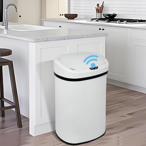 13 Gallon Stainless Steel Trash Can with Lid,Touch Free Automatic Kitchen Trash Can,Fingerprint-Resistant Soft Close Lid Garbage Can, 50L Large Capacity Garbage Can for Kitchen Home Office(White) - color: White
