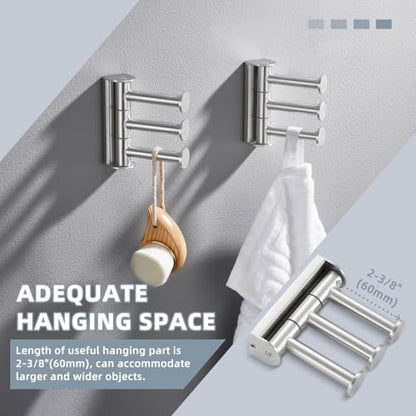 Suyar Bathroom Towel Hook with 3 Arms, Swivel Robe Holder, Brushed Nickel | 2 Pack, SUS304 Stainless Steel, Wall Mounted - color: Brushed Nickel, size: 2 Pack