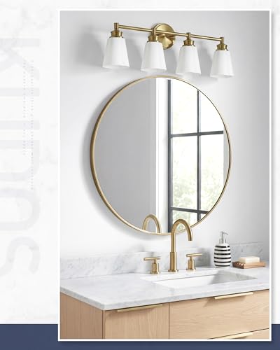 kudos 4-Light Brushed Gold Vanity Light, Milk White Glass Shade | 19" bathroom light fixtures over mirror, upward or downward, E26 base, bulbs not included, Hardwired, KDVL17-GD-ML-4 - size: 4-Light