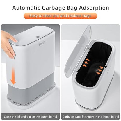 funest 3.3 Gallon Bathroom Trash Can with Push Lid, Dog Proof, White | Double-Layer Design, Air-Suction Bag System, Narrow Plastic Garbage Can with Extra Buckle Replacement