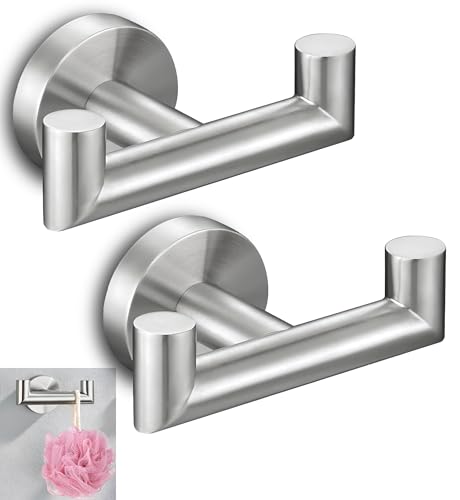 Set of 2 Double Brushed Nickel Towel Holder for Bathrooms - Stainless Steel Cup Hooks for Shower - Towel Holder Shower Hooks for Inside - Stylish Bath Hook
