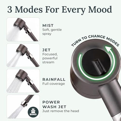 Drivse Filtered Shower Head for Hard Water | Ion Drops High Pressure Handheld Shower Head with Stainless Steel Hose | 3 Spray Modes | Tool-Free Install | Softer Skin & Healthier Hair