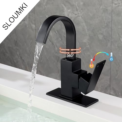 Matte Black Bathroom Faucet Waterfall Faucet Bathroom Vanity with 360 Degree Swivel Spout, Single Hole Bar Sink Faucet with Hose and 6 "Deck Plate,SL5004BK - color: Matte Black, size: Short