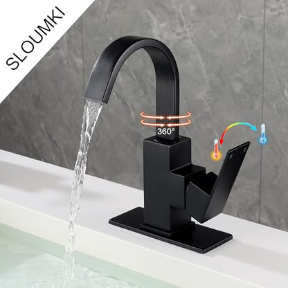 Matte Black Bathroom Faucet Waterfall Faucet Bathroom Vanity with 360 Degree Swivel Spout, Single Hole Bar Sink Faucet with Hose and 6 "Deck Plate,SL5004BK - color: Matte Black, size: Short