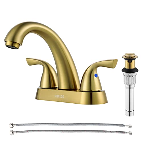 PARLOS Bathroom Sink Faucet 4 Inch Centerset for Vanity, Brushed Gold | Mid Arc, 2 Handle Lead-Free Deck Mount Bathroom Faucet with Pop Up Drain Supply Lines, for 2 or 3 Hole Lavatory Utility Sink - color: Brushed Gold