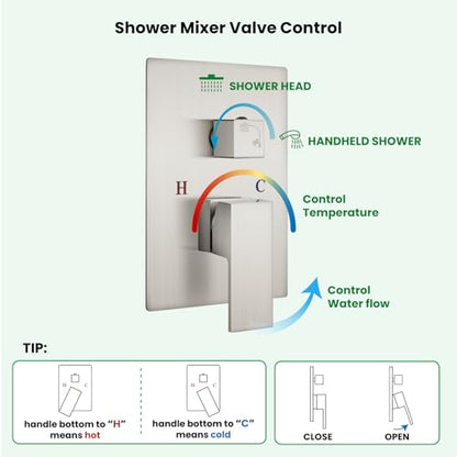 gotonovo Rainfall Bathroom Shower System Rain Shower Head and Handle Set Wall Mounted Shower Complete Combo Solid Brass Pressure Balancing Shower Mixer Valve 10 Inch Brushed Nickel - color: Brushed Nickel, size: 10 Inch