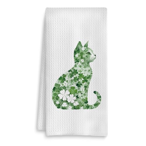 St Patrick's Day Cat Kitchen Towel, Four Leaf Clover St Patrick's Day Hand Towel, Lucky Shamrock St Patricks Day Cat Dish Towel, St Patrick's Day Kitchen Bathroom Decor, 16x24 Inch - color: Style-03