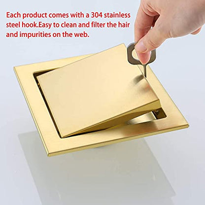 RANDOM Brushed Gold Shower Drain Square with Adjustable Base Flange,SUS304 Stainless Steel 6 inch Floor Drain Kit with Tile Insert Flat Shower Drain Cover & Threaded Adapter.98728BG-S - color: D-brushed Gold-6″ Square With Base Flange