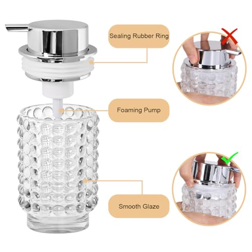 Foaming Soap Dispenser, Clear Glass Foam Soap Dispenser with Silver Pump, 12 Oz Refillable Bathroom Lotion Container Pump Bottle for Bathroom Kitchen Countertop - color: Transparent and Silver