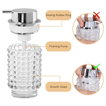 Foaming Soap Dispenser, Clear Glass Foam Soap Dispenser with Silver Pump, 12 Oz Refillable Bathroom Lotion Container Pump Bottle for Bathroom Kitchen Countertop - color: Transparent and Silver