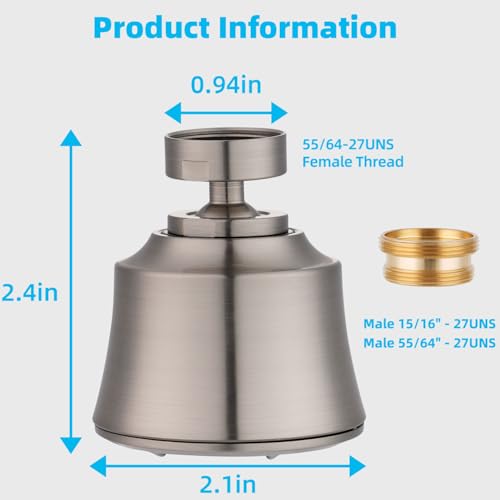 Kitchen Sink Faucet Head 4-Mode, 360° Swivel Faucet Aerator, Brushed Nickel | 55/64" Female Faucet Sprayer Head for Bathroom & Kitchen, Big Angle Rotating Metal Ball Joint, Extra 15/16" Metal Adapter - color: Brushed Nickel, style: 1 Swivel Joint