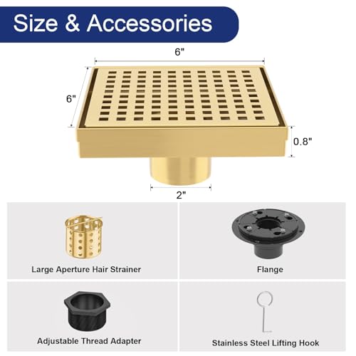 6 Inch Brushed Gold Square Shower Drain with Removable Grate | AISI 304 Stainless Steel Shower Drain, Shower Floor Drain with Hair Catcher & ABS Flange, Fits Bathroom & Balcony etc - color: Brushed Gold, size: 6 in
