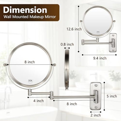 ALHAKIN 1X/30X Wall Mounted Makeup Mirror, 8 Inch Double Sided Magnifying Mirror for Wall, Bathroom Makeup Mirror with 360 Rotation Extendable Swivel Arm, Nickel