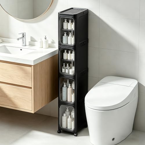 4-Tier Narrow Storage Cabinet Slim Bathroom Tall Skinny Organizer,Black | Foldable Storage Cabinet with Lockable Rolling Wheels Magnetic Clear Door Adjustable Detachable Shelves For Narrow Space - color: Black, size: 4-tier
