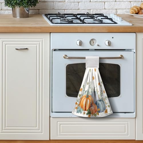 Fall Orange Blue Pumpkin Kitchen Hanging Towels Set of 2 Autumn Eucalyptus Maple Leaves Hand Towels with Hanging Loop Thanksgiving Dish Washcloth Soft Absorbent Bath Tie Towel - color: Orange Blue Pumpkin