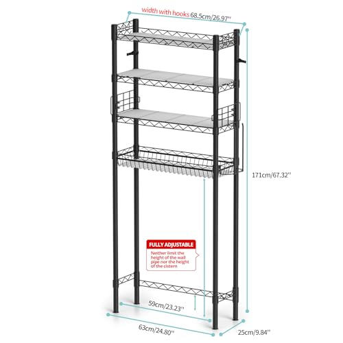 Hodonas Over Toilet Bathroom Organizer, Black, 26.97" x 9.84" x 67.32" | Carbon Steel, 4 Tiers, Adjustable, Freestanding, Sturdy and Stable, Easy to Assemble, Space Saver for Bathroom Storage - color: Black-4 Tier