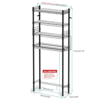 Hodonas Over Toilet Bathroom Organizer, Black, 26.97" x 9.84" x 67.32" | Carbon Steel, 4 Tiers, Adjustable, Freestanding, Sturdy and Stable, Easy to Assemble, Space Saver for Bathroom Storage - color: Black-4 Tier