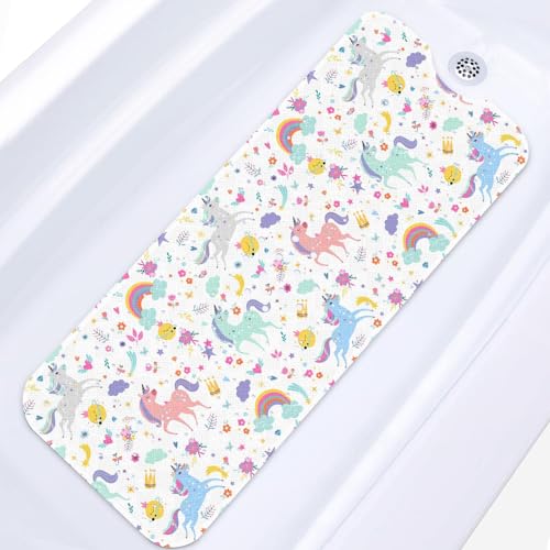 Bath Mat for Tub, Rainbow Unicorn, 40 X 16 Inch, for Kids | Cute Horse Sweet Baby Toddler Extra Long Bathtub Non Slip Shower with Suction Cups and Drain Holes - color: Unicorn