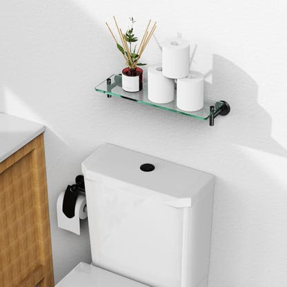 Glass Shelves for Bathroom,16-Inch Matte Black Floating Bathroom Shelf Stainless Steel Tempered Glass Shelf Modern Shelves wall Mounted - color: Matte Black, size: 16"without railing