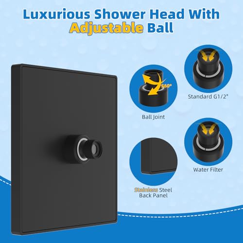 Hibbent cUPC Certified Thickness Metal 8'' Rain Shower Head, Matte Black | High Pressure Shower Head, Bathroom Waterfall Shower Heads, High Flow Fixed Showerheads with Adjustable Brass Ball Joint - color: Matte Black, style: Square 8''