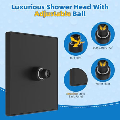 Hibbent cUPC Certified Thickness Metal 8'' Rain Shower Head, Matte Black | High Pressure Shower Head, Bathroom Waterfall Shower Heads, High Flow Fixed Showerheads with Adjustable Brass Ball Joint - color: Matte Black, style: Square 8''