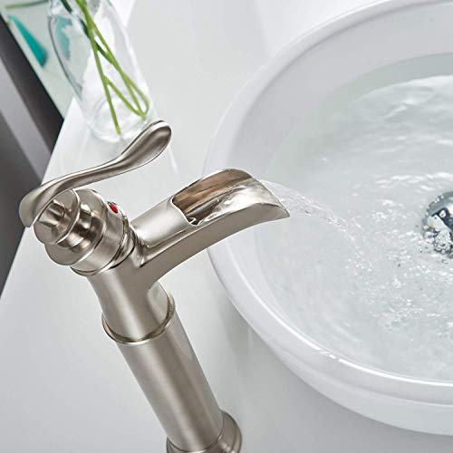 Bathroom Vessel Sink Faucet Waterfall Faucet for Sink 1 Hole | Pop Up Drain None Overflow and Supply Lines Included,Deck Mount,Tall Bowl Sink,Ceramic Cartridge,Solid Brass,Brushed Nickel - color: Brushed Nickel