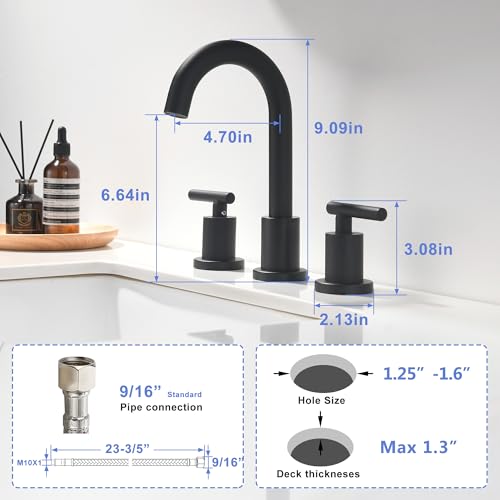 Two Handle Widespread Bathroom Sink Faucet - 3 Hole Vanity Faucet with Pop-Up Drain & cUPC Faucet Supply Lines, 8 Inch Black Bathroom Sink Faucet - color: Black