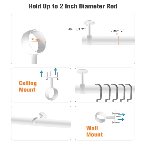 Alise Curtain Rod Holder Bracket 2''Dia,Closet Rod Holders Wall Mount,4Pcs | Ceiling Mounted Curtain Rod Flange Brackets,Ceiling Curtain Rod Brackets for Bathroom Curtain,Stainless Steel White Finish - color: White Finish, size: 51mm/2-Inch Dia.