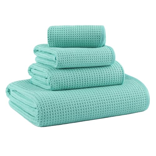 MICROFI Waffle Weave Bath Towel Set, Microfiber, 4 Pieces (Body/Hair/Hand/Face), Quick Dry, Lightweight, Super Absorbent, Lint Free, 380 GSM (Turquoise) - color: Turquoise