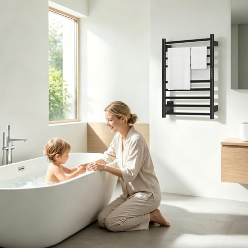 Black Heated Towel Rack for Bathroom Wall Mounted Hardwired | Heated Towel Bar, 9 Bars with Timer and Temp Control, Left or Right Side Plug-in/Hardwired, 304 Stainless Steel Matte Black - color: Matte Black