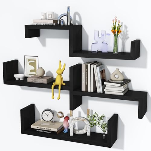 Solid Wood Floating Shelves for Wall, Set of 5 Multi Size Wall Mount Storage Shelves for Bathroom Bedroom Kitchen Living Room Office, Modern Decor Floating Wall Shelves Black - color: Weathered Black