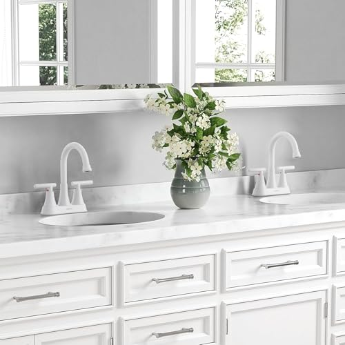 Bathroom Faucet, Hurran 4 inch Centerset 2-Handle Lead-Free, White | Bathroom Sink Faucet with Pop-up Drain and Supply Lines, Stainless Steel Faucet for Vanity RV Restroom Laundry Outdoor Sink - color: White