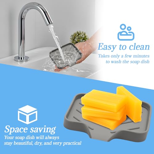 BokWin Silica Gel Soap Dish with Drain, Grey, 4.8x3.5 Inch | 1 Pack, Self Draining Soap Tray, For Shower, Bathroom and Kitchen, Sink Organizer, Bar Soap Holder - color: Grey