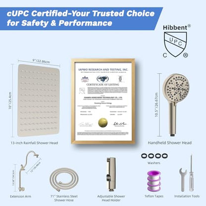 Hibbent High Pressue All Metal 10" Rainfall Shower Head, Handheld 10-Spray | cUPC Certified Brushed Nickel Dual Showerhead Combo, 4-way Diverter with Pause Mode, Brass Extension Arm, 71'' Hose & Holder - color: Brushed Nickel, style: Square 10"