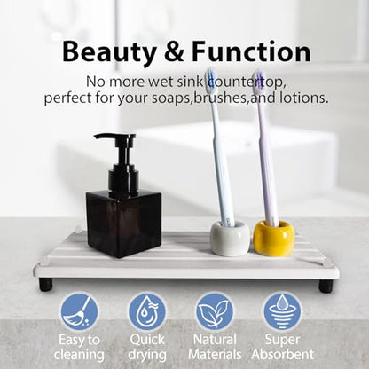 2 PCS Water Absorbing Stone Trays for Bathroom Sink Fast Drying Coasters | 11" x 4.7", Faucet Mat for Kitchen Sink, Diatomite Sink Caddy, Hand Soap Holder with Feet, Diatomaceous Earth, Vanity Tray - color: 11" X 4.7" White