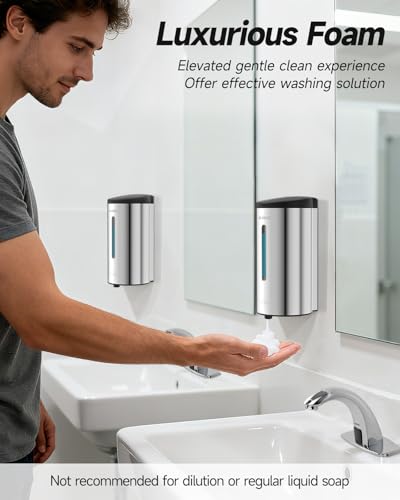 AIKE Automatic Foam Soap Dispenser 25oz for Bathroom,Polished AK1205FA | Rich Foam and Stainless Steel,No-drill and Screw Wall Mount,5-Level Adjustable and Key for Commercial(Batteries Not Included) - color: Polished Stainless Steel