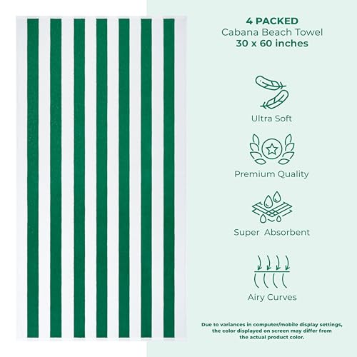 American Soft Linen Cabana Striped Beach Towels, 30x60 inch 4 Piece Oversize Pool Towels, Quick Drying Sand Free Swim Towels, Moss Green - color: Green