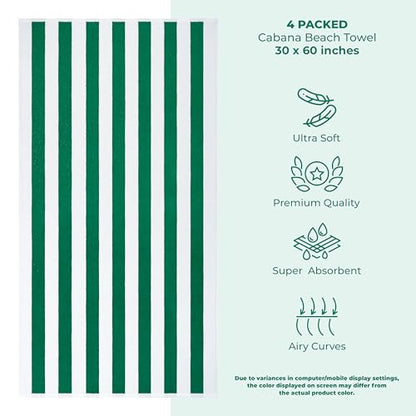 American Soft Linen Cabana Striped Beach Towels, 30x60 inch 4 Piece Oversize Pool Towels, Quick Drying Sand Free Swim Towels, Moss Green - color: Green