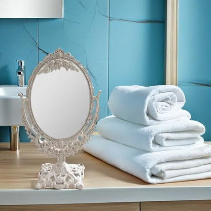 1pc Double Sided Princess Mirror Cosmetic Mirror Princess Makeup Round Stand Lighted Girl Makeup Antique Tabletop Vintage Stand Wheat Straw Beige