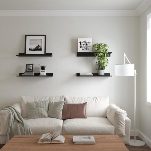 Floating Shelves, Wall Mounted Shelves for Room Decor, Modern Display Shelf for Bedroom, Sturdy Bathroom Storage Shelves, Book Shelves for Living Room, Black Small Corner Shelves, Set of 4