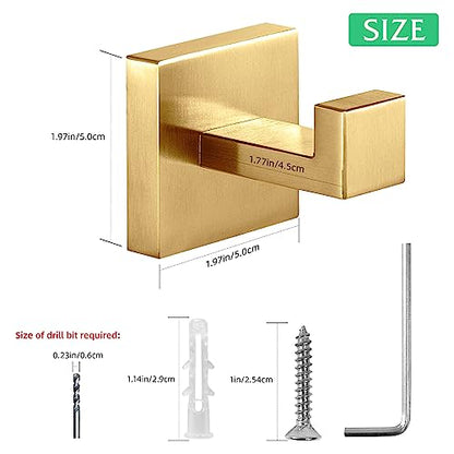 Heavy Duty Stainless Steel Towel Hooks, Wall Mounted Square Robe Hooks for Bathroom, Kitchen, Bedroom, Hotel Brushed Gold 2 Pack - color: Brushed Gold
