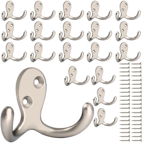 IBosins 20 Pack Silvery Double Prong Coat Hooks Wall Mounted with 40 Screws | Heavy Duty Retro Double Utility Hooks for Coat, Scarf, Bag, Towel, Key, Cap, Cup, Hat - color: 20 Pcs Silvery
