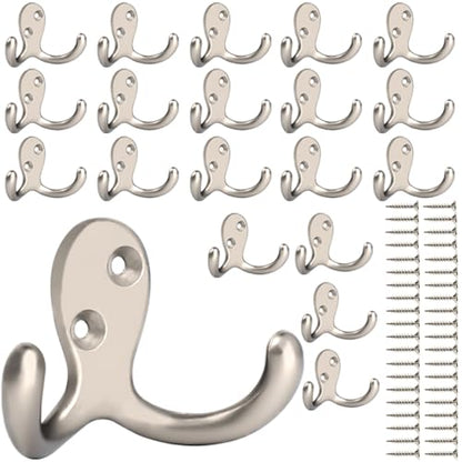 IBosins 20 Pack Silvery Double Prong Coat Hooks Wall Mounted with 40 Screws | Heavy Duty Retro Double Utility Hooks for Coat, Scarf, Bag, Towel, Key, Cap, Cup, Hat - color: 20 Pcs Silvery