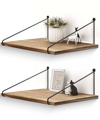 Afuly Rustic Floating Shelves for Wall, 12 Inch Deep Wooden Shelf Set of 2 | Solid Wood and Metal, Hanging Bookshelf with Brackets, Plants Photos Display, for Bathroom, Kitchen, Living Room, Bedroom - color: Brown & Black, size: 11.7"D x 16.5"W