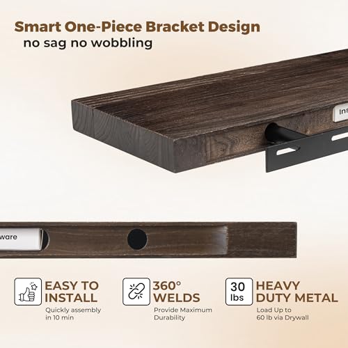 Floating Shelves for Wall, 56in Reclaimed Elm Wood Shelves, Walnut | 8" Deep Wall Shelf, Invisible Bracket, Large Long Wall Mounted Shelves, Living Room, Bedroom, Kitchen, Bathroom - color: Walnut Flat Edge, size: 55 inches - 1P
